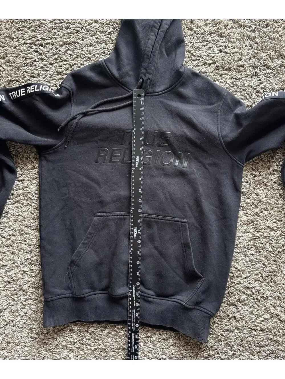 True Religion Silicone Tape Black Spellout Hoodie Pullover Size Small